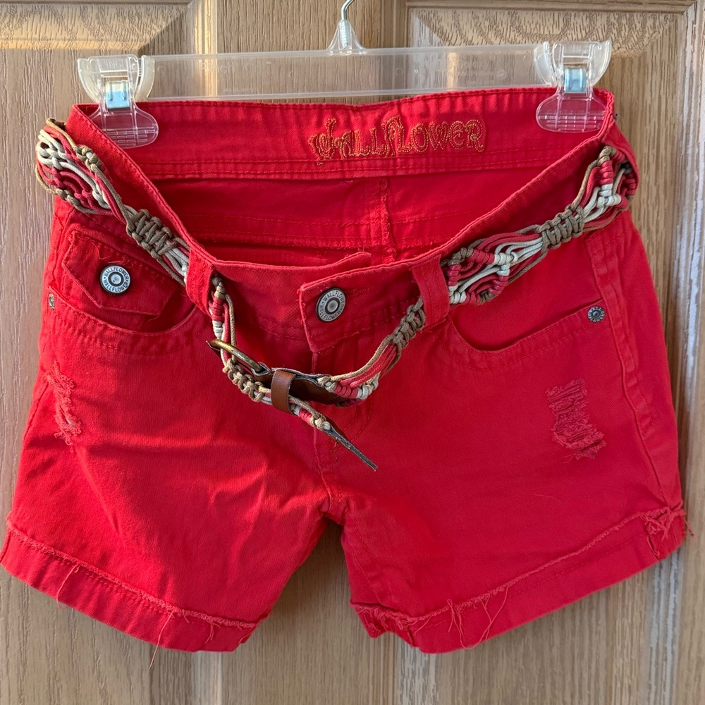 Wallflower Bright Red Denim Shorts with Braided Belt